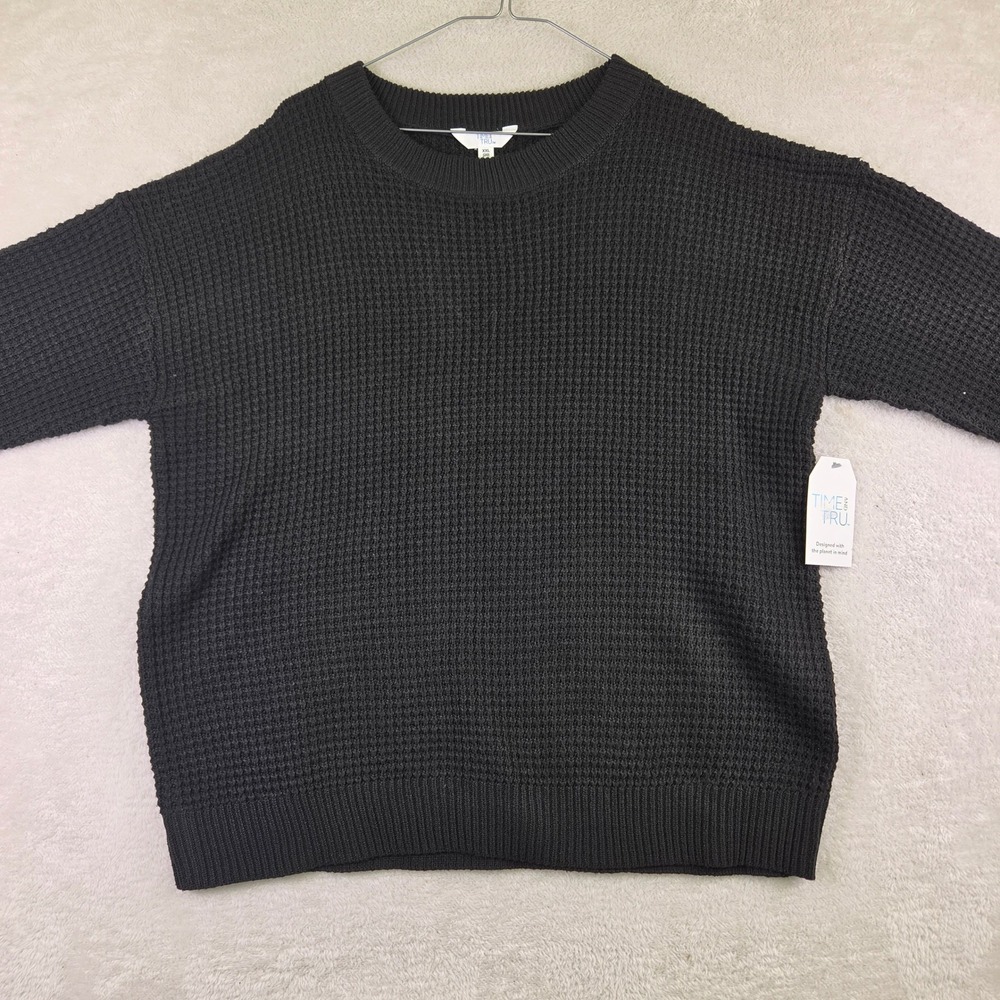 Time and Tru Womens XXL Black Waffle Knit Crew Neck Sweater Pullover Long Sleeve